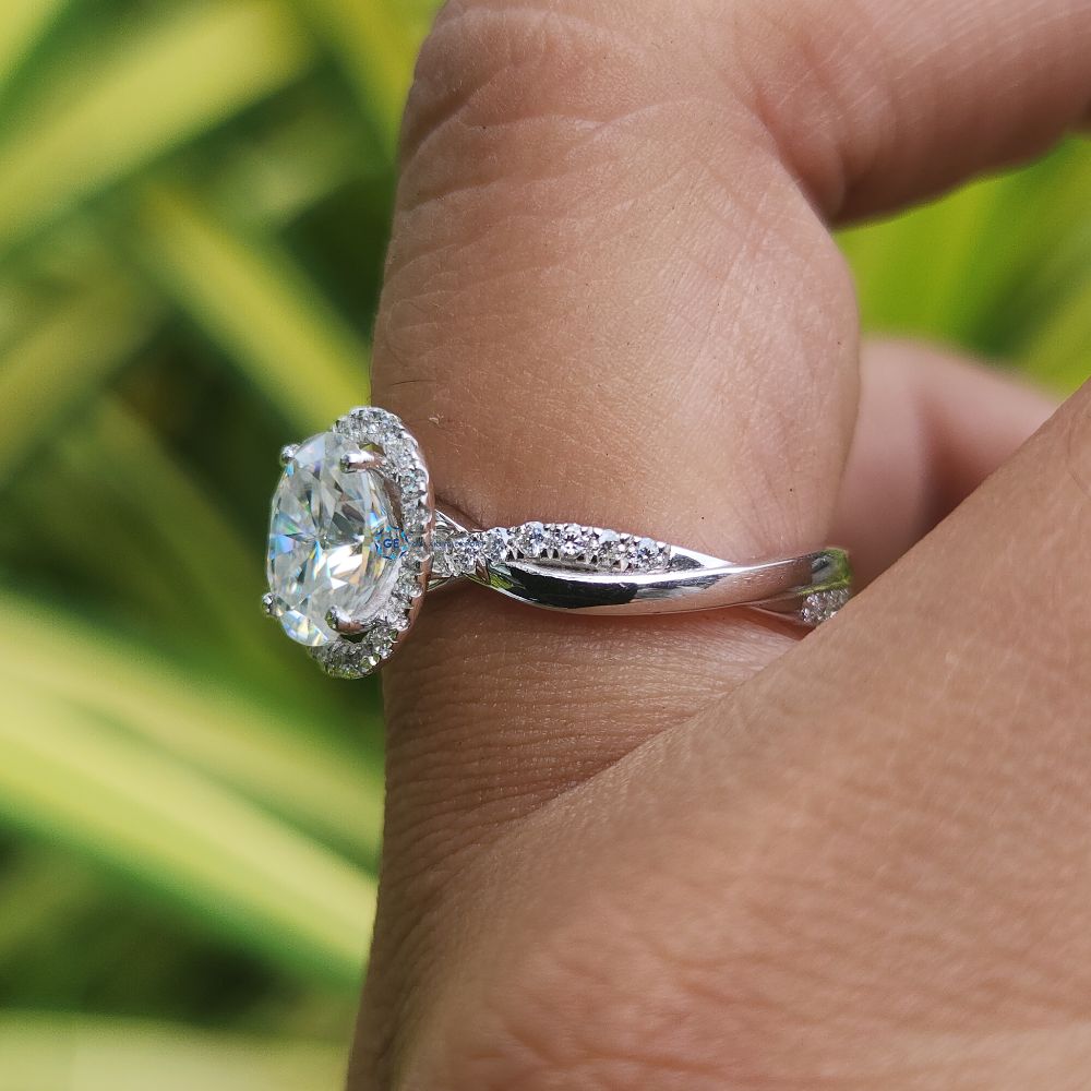 Lab Grown Oval Cut Halo Engagement Ring With Twisted Band