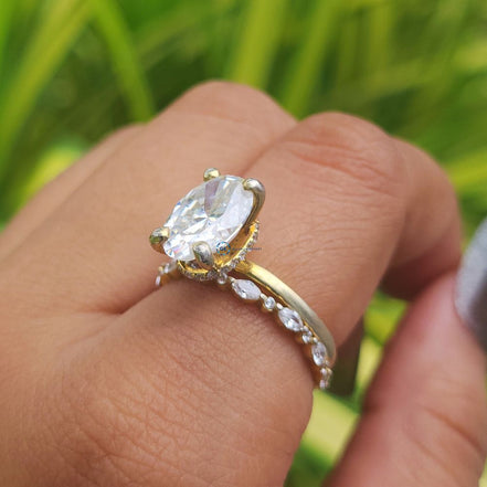Oval Cut Hidden halo Lab Grown Diamond Wedding Ring Set With Matching Band