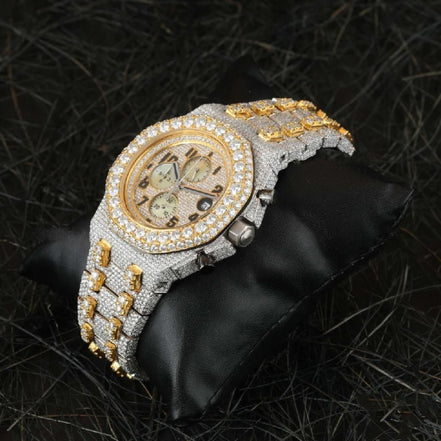 Dual Tone Chrono Dial Handmade Hip Hop Moissanite Watch