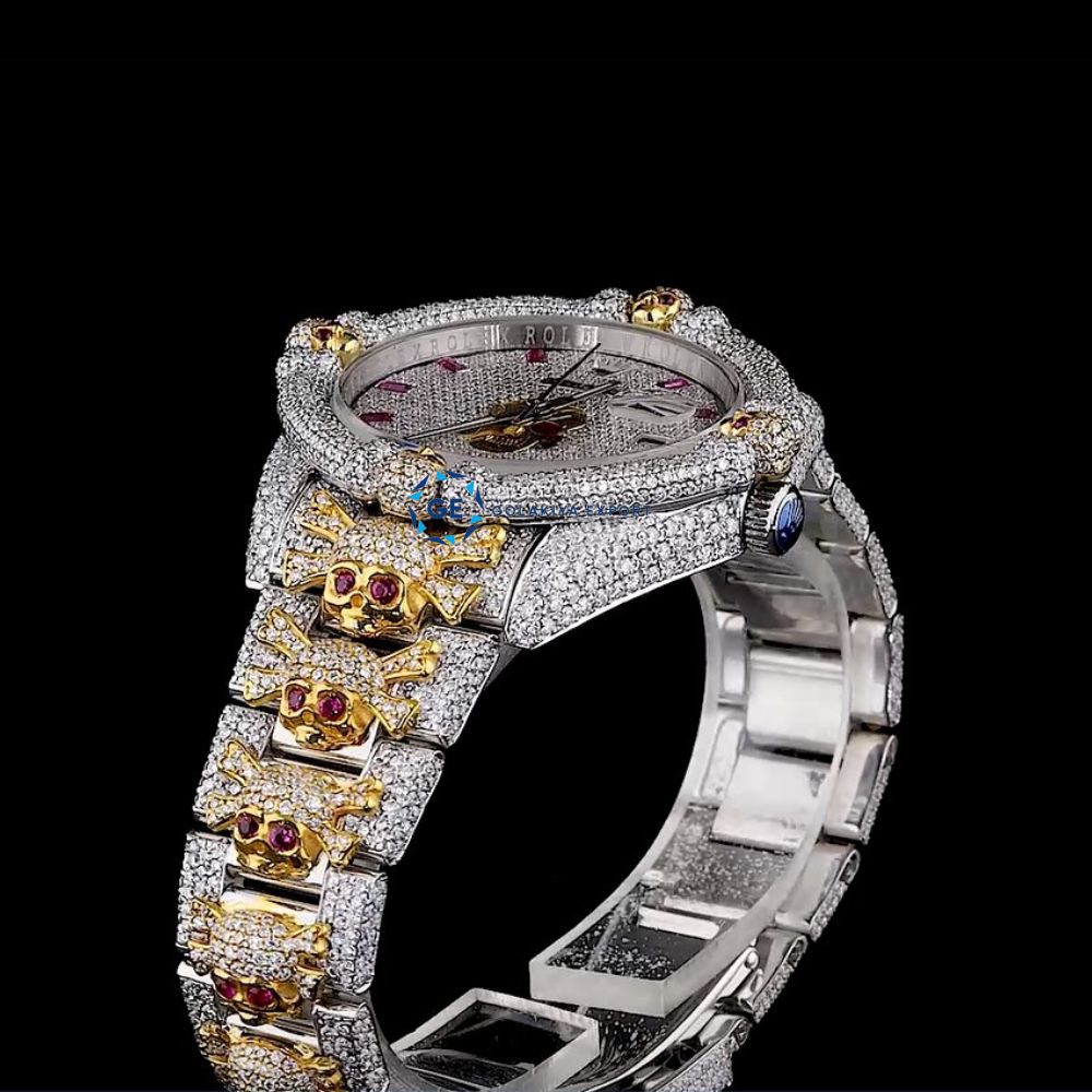 Dual Tone Bust Down Moissanite Luxury Skull Hip Hop Watch