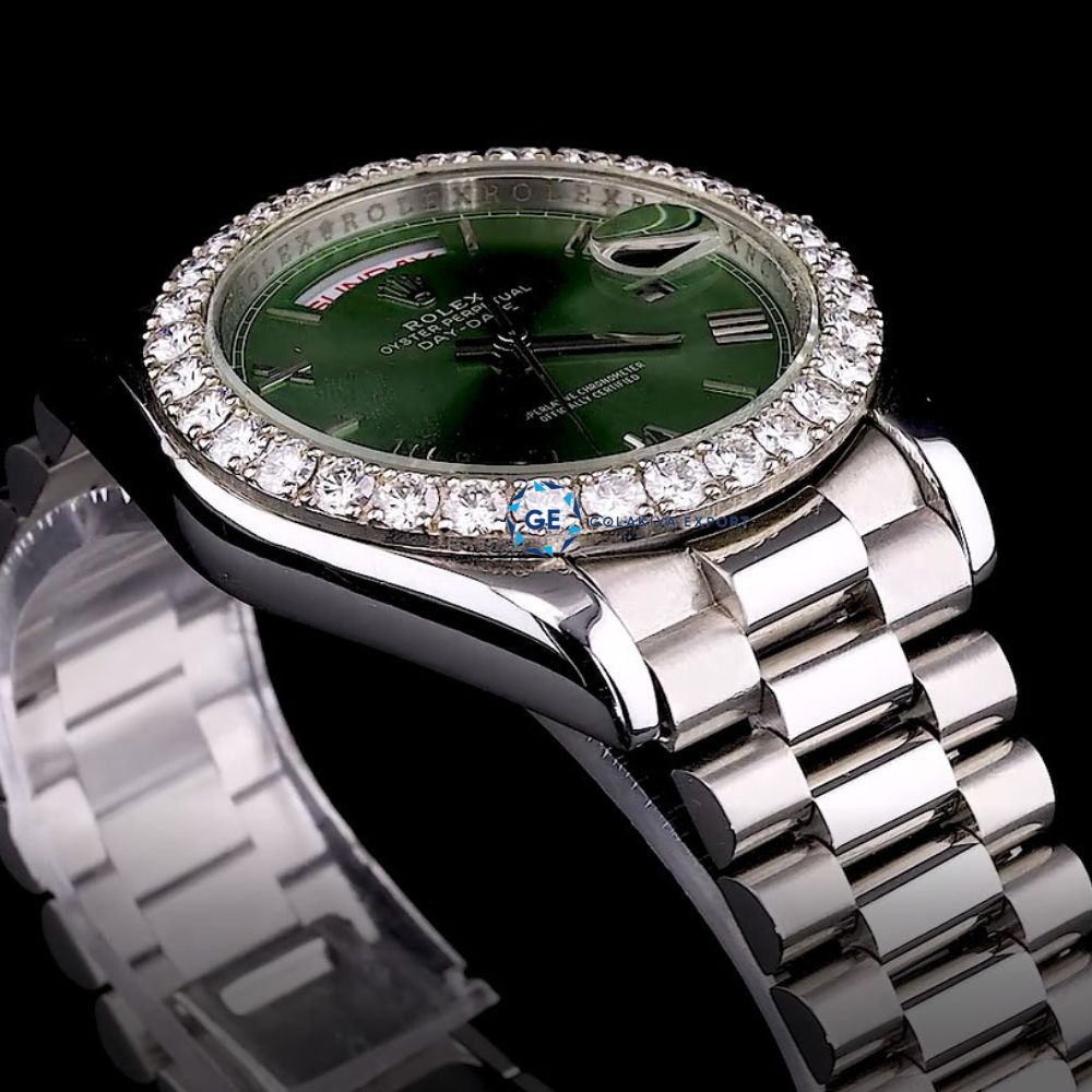 Day Date Moissanite Green Dial Wrist Watch For Men's