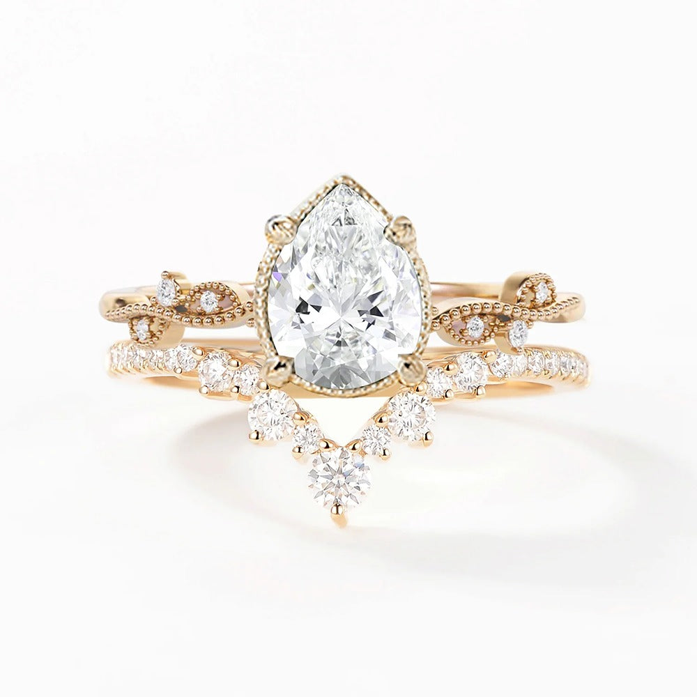 Moissanite Pear Cut  Filigree Style Wedding Ring Set