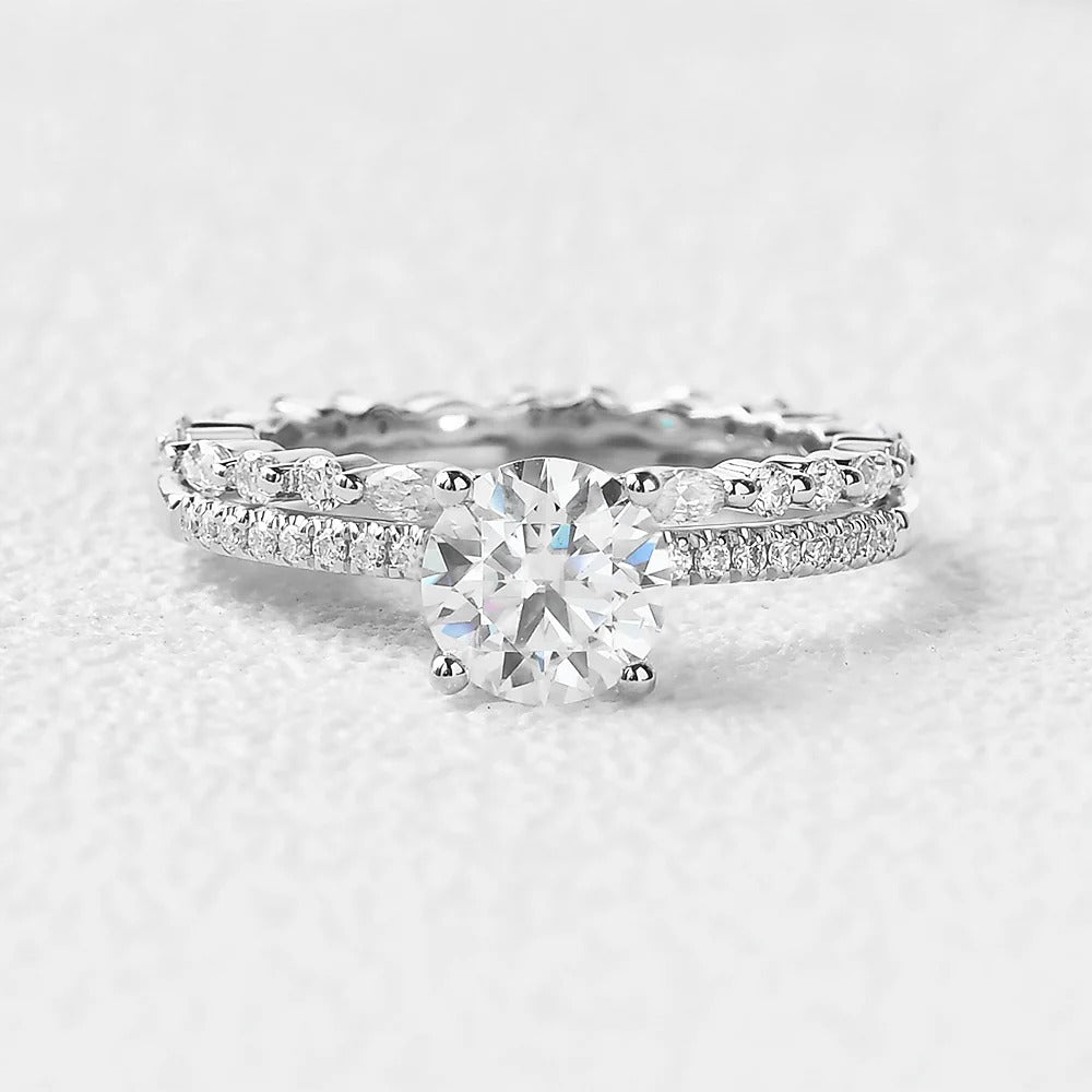 Moissanite Round Cut Pave Set Four Prong Wedding Ring Set