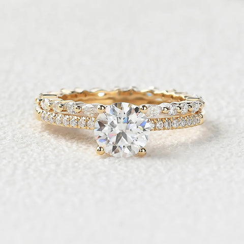 Moissanite Round Cut Pave Set Four Prong Wedding Ring Set