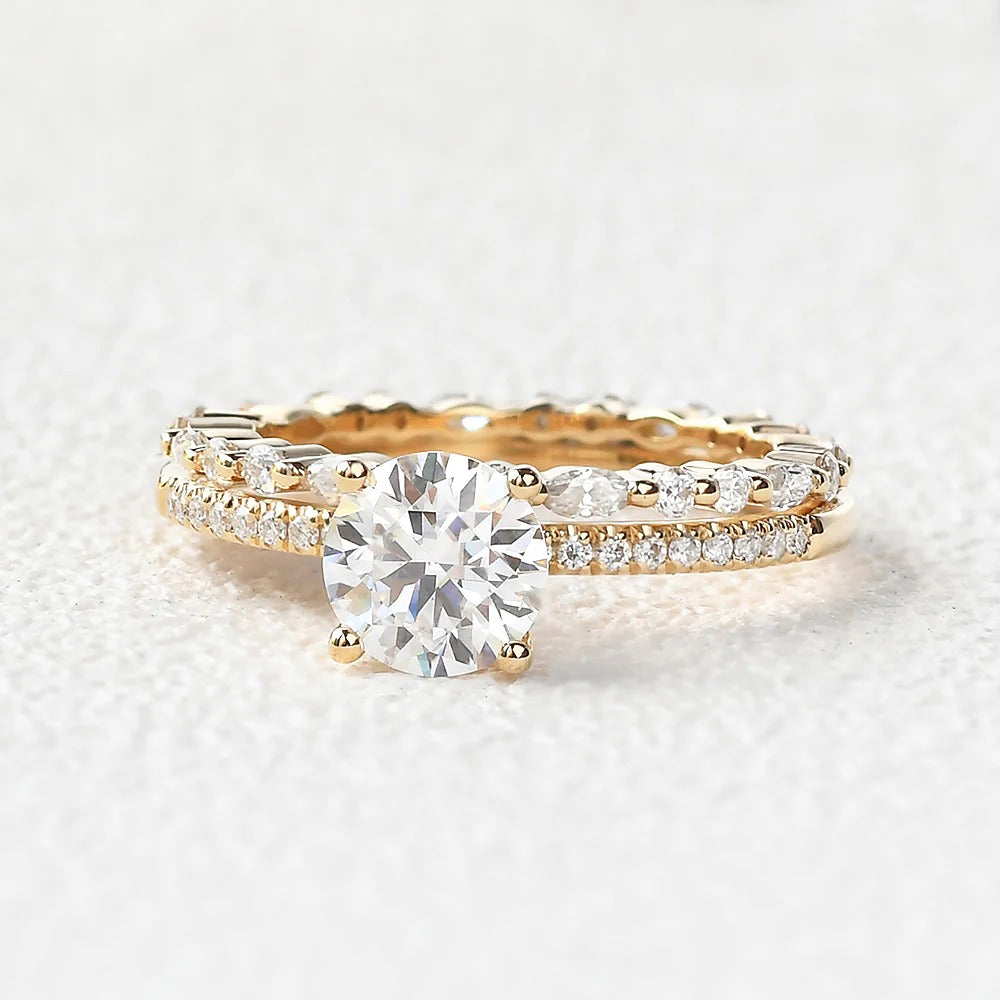 Moissanite Round Cut Pave Set Four Prong Wedding Ring Set