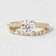 Moissanite Round Cut Pave Set Four Prong Wedding Ring Set