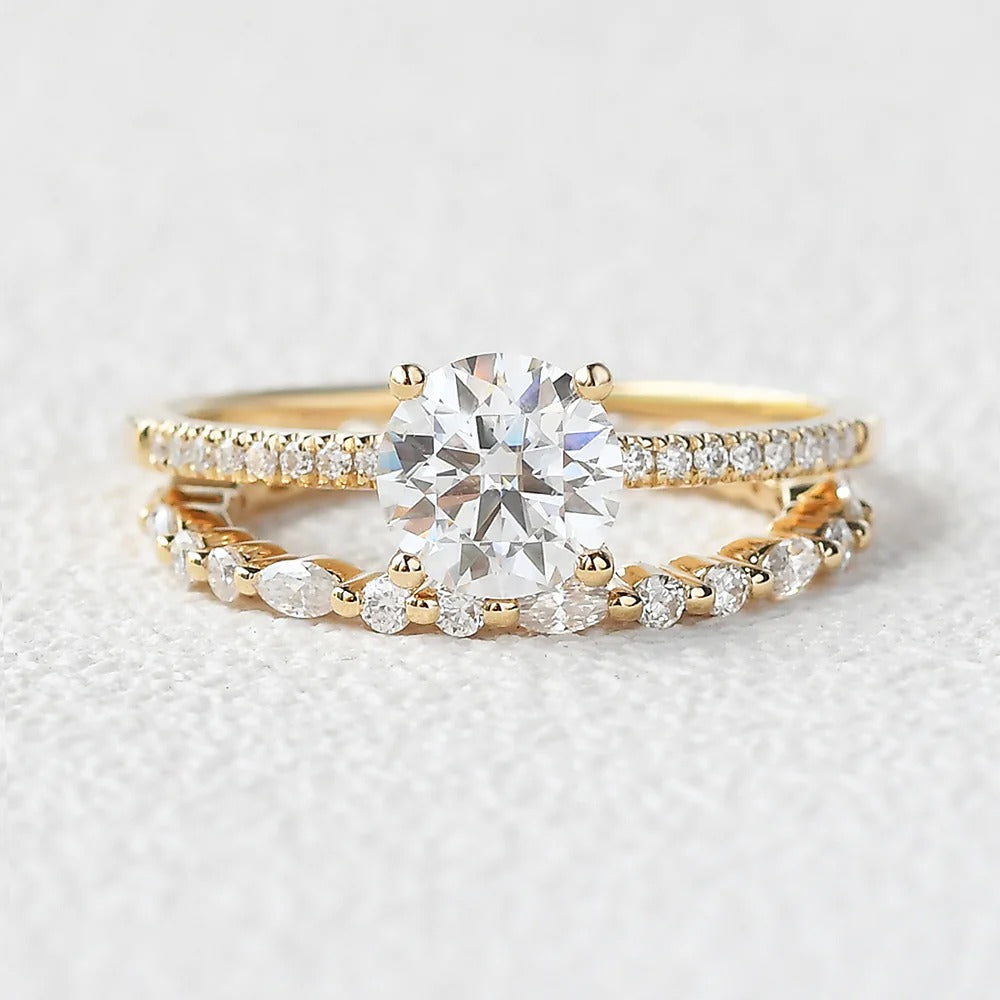 Moissanite Round Cut Pave Set Four Prong Wedding Ring Set