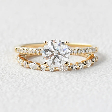 Moissanite Round Cut Pave Set Four Prong Wedding Ring Set