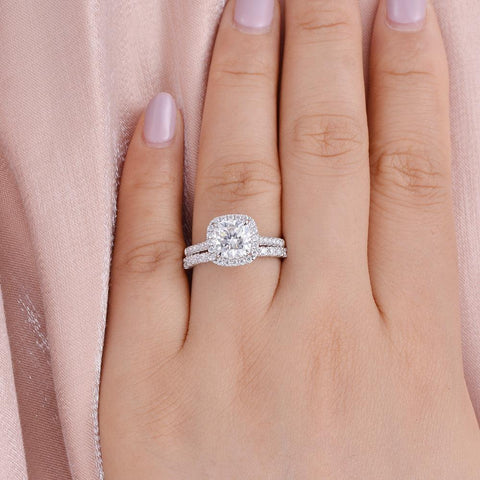 Moissanite Cushion Cut Hidden Halo Bridal Ring Set