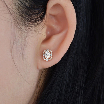 Oval Cut Moissanite Diamond Halo Stud Back Earrings