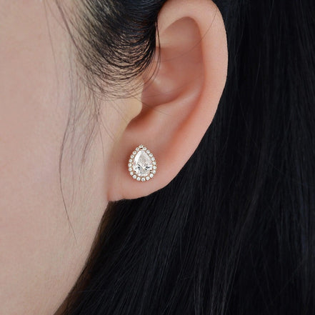 Moissanite Pear Cut Halo Stud Fancy Earring