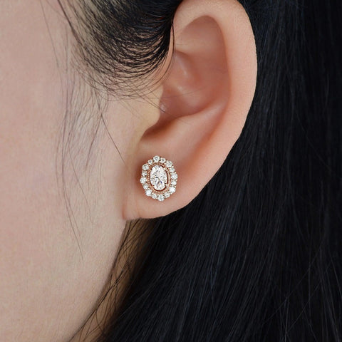 Oval & Round Cut Vintage Halo Moissanite Stud Push Back Earring