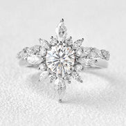 Round Cut Moissnaite Floral Halo Fancy Wedding Ring Set
