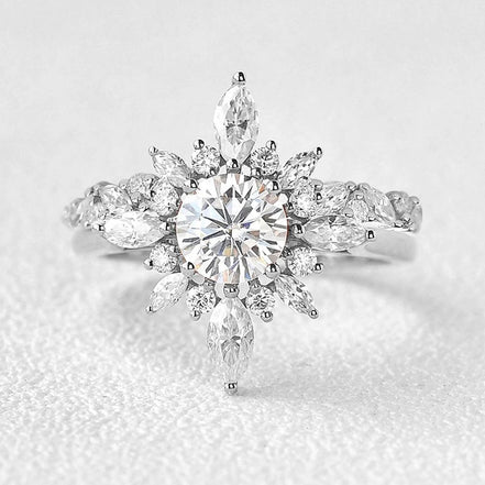 Round Cut Moissnaite Floral Halo Fancy Wedding Ring Set