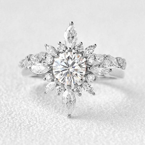 Round Cut Moissnaite Floral Halo Fancy Wedding Ring Set