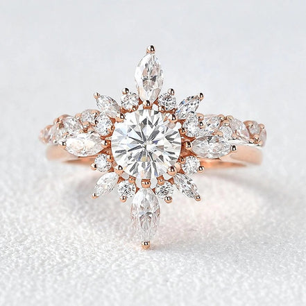 Round Cut Moissnaite Floral Halo Fancy Wedding Ring Set
