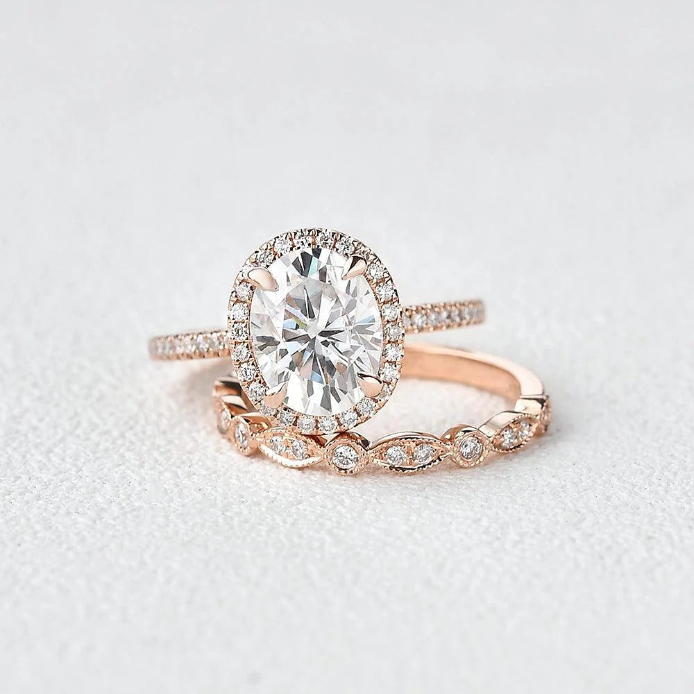 Oval Cut Moissanite D Color Vintage Halo Wedding Set For Women