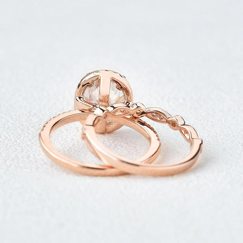 Oval Cut Moissanite D Color Vintage Halo Wedding Set For Women