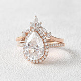 Vintage Halo Pear Cut Colorless Moissanite Ring Set For Bride
