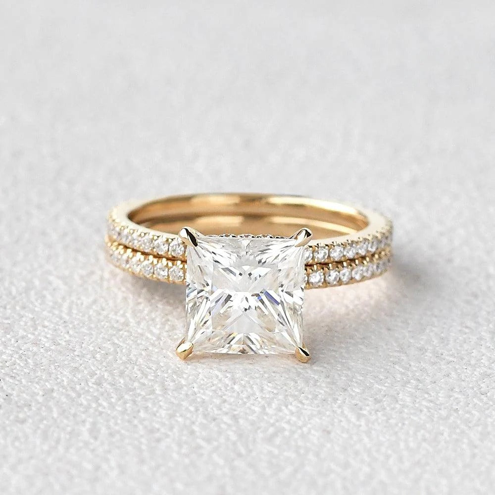 Princess Cut Hidden Halo Moissanite Ring Set For Her