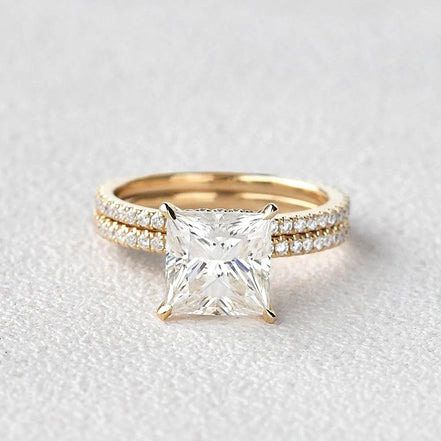 Princess Cut Hidden Halo Moissanite Ring Set For Her