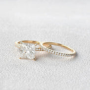 Princess Cut Hidden Halo Moissanite Ring Set For Her