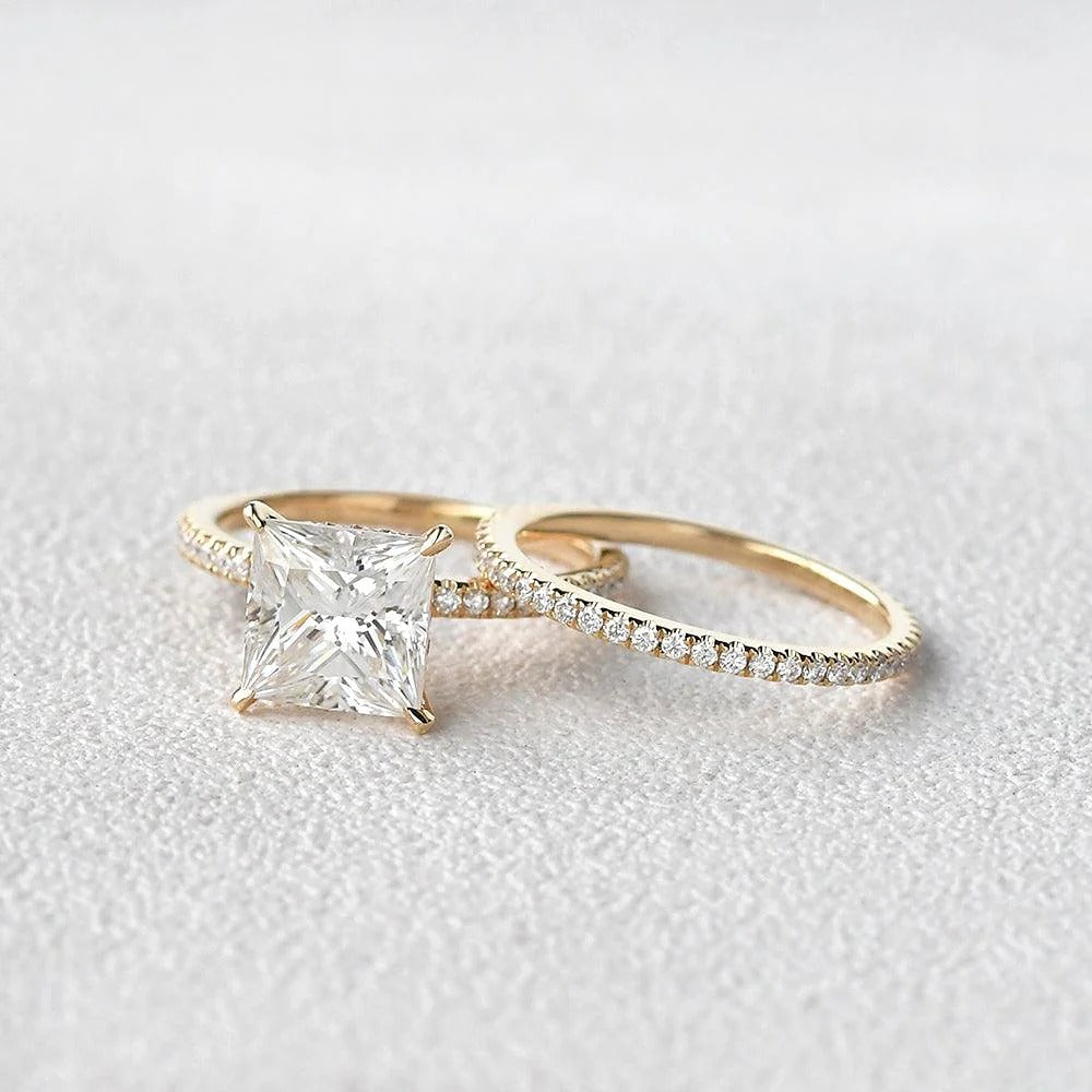 Princess Cut Hidden Halo Moissanite Ring Set For Her
