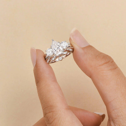 Three Stone Pear Cut Moissanite Bridal Ring Set