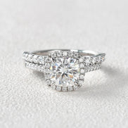Moissanite Cushion Cut Hidden Halo Bridal Ring Set