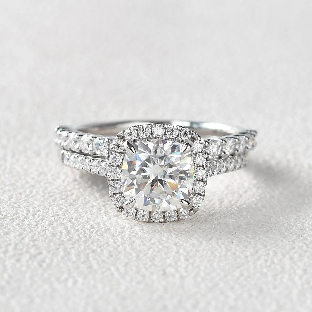 Moissanite Cushion Cut Hidden Halo Bridal Ring Set