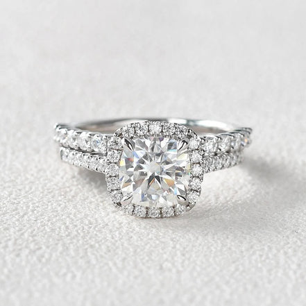 Moissanite Cushion Cut Hidden Halo Bridal Ring Set