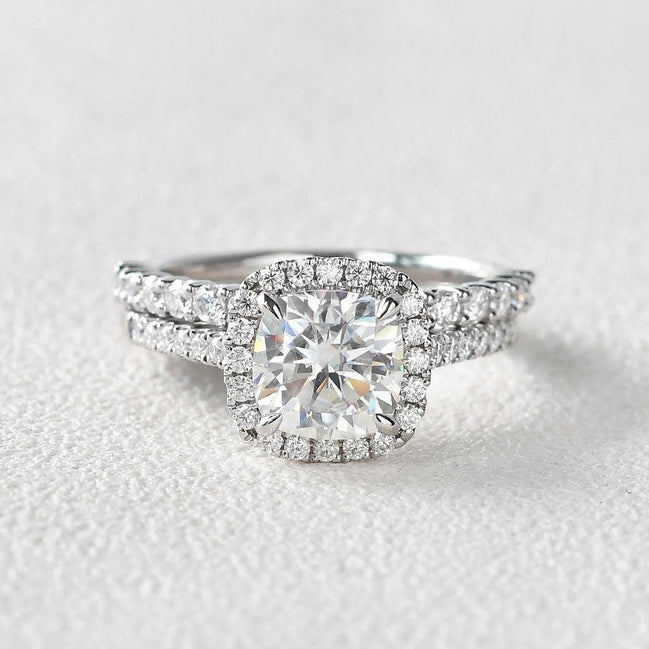 Moissanite Cushion Cut Hidden Halo Bridal Ring Set