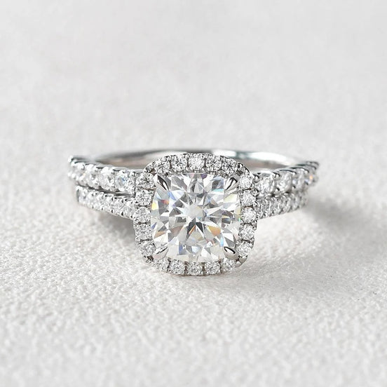 Moissanite Cushion Cut Hidden Halo Bridal Ring Set
