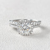 Moissanite Cushion Cut Hidden Halo Bridal Ring Set