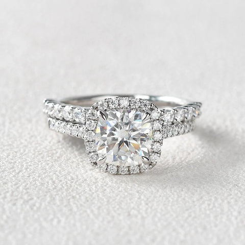 Moissanite Cushion Cut Hidden Halo Bridal Ring Set