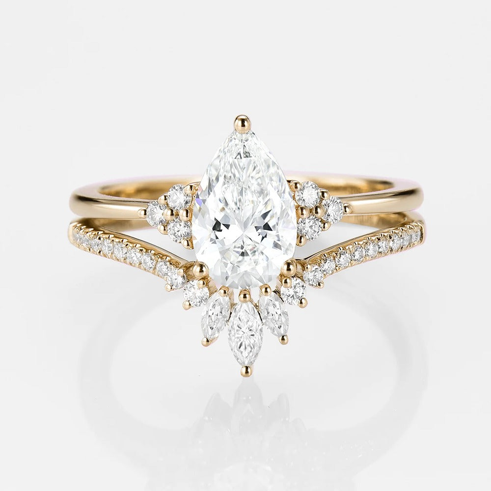 Pear Cut Side Accent Moissanite Wedding Ring Set For Her