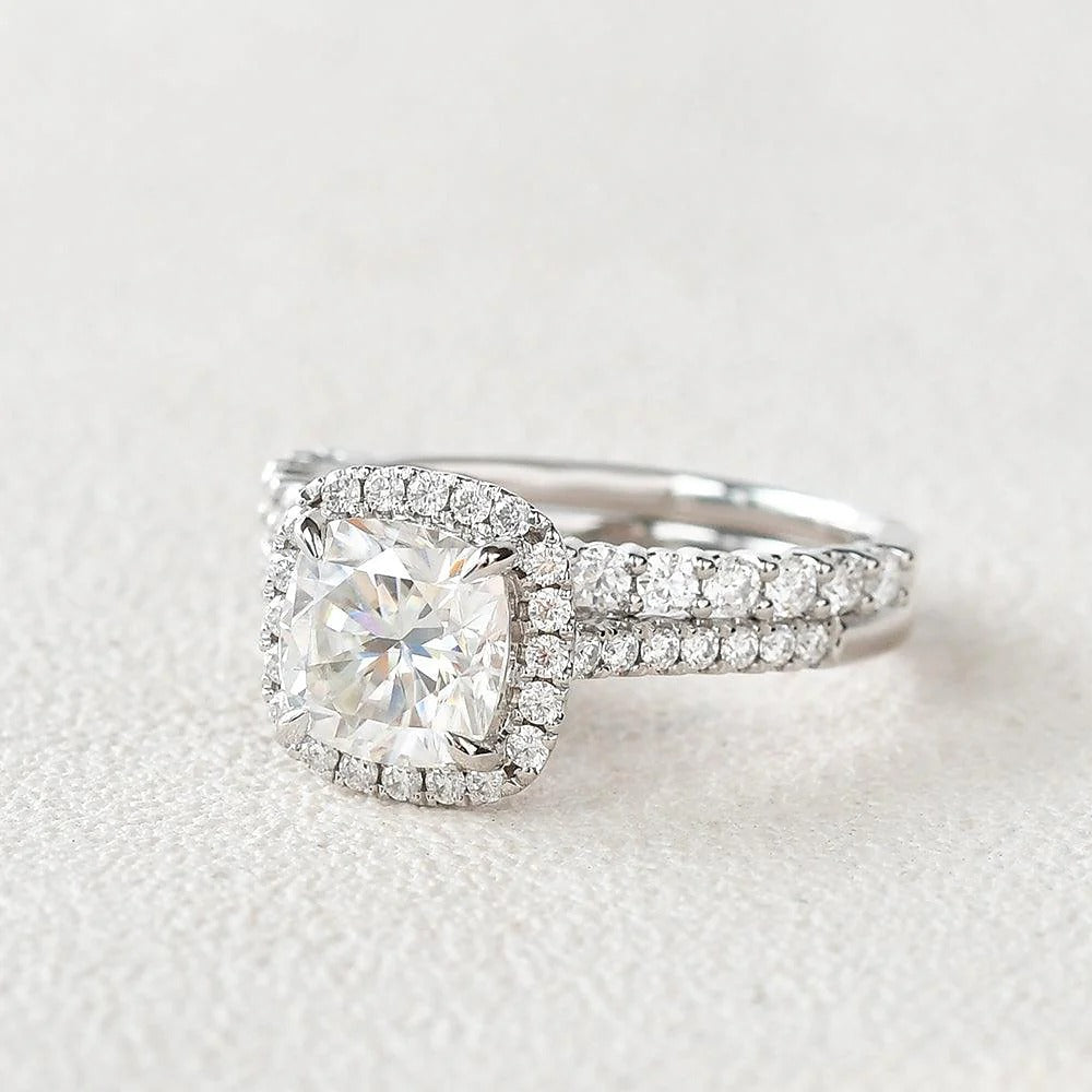 Moissanite Cushion Cut Hidden Halo Bridal Ring Set