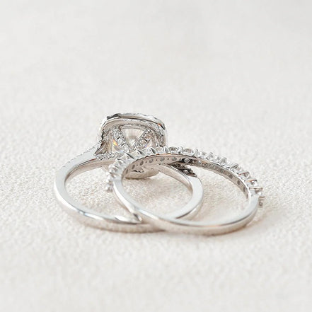 Moissanite Cushion Cut Hidden Halo Bridal Ring Set
