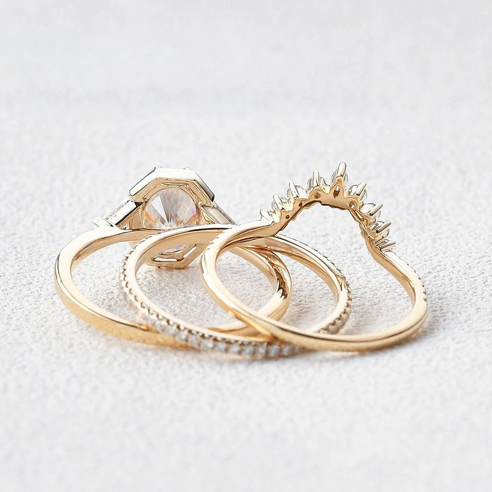Oval Cut Filigree Three Stone Moissnaite Wedding Ring Set For Women