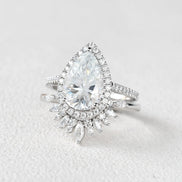 Vintage Halo Pear Cut D Color Moissanite Ring Set For Women