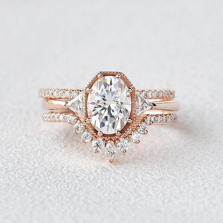 Oval Cut Filigree Three Stone Moissnaite Wedding Ring Set For Women