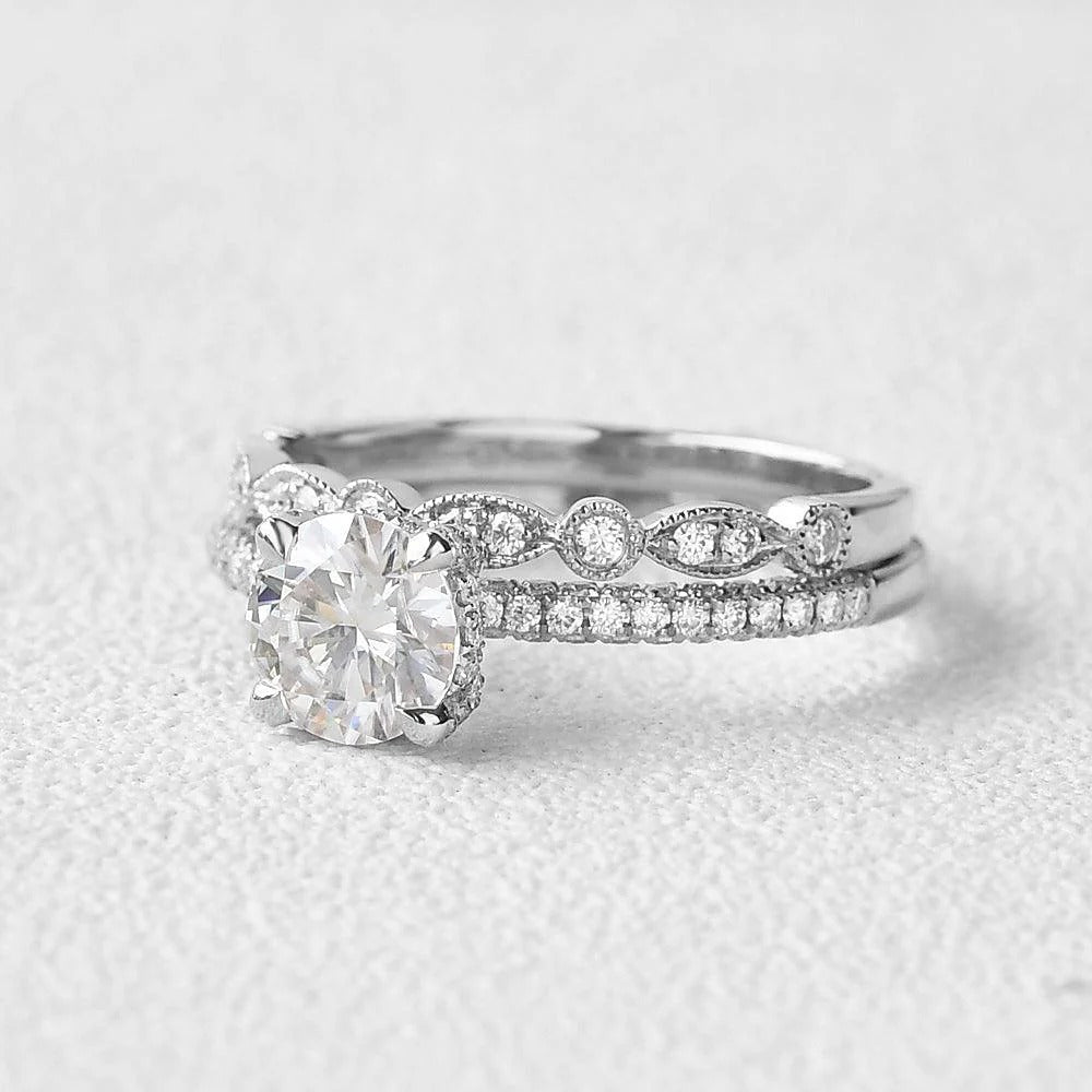 Hidden Halo Round Cut 1.30CT Colorless Moissanite Ring Set