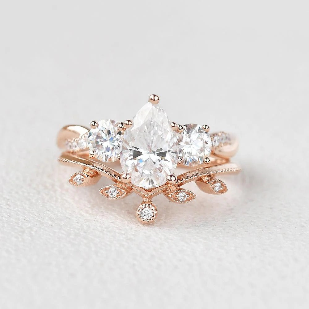 Three Stone Pear Cut Moissanite Bridal Ring Set