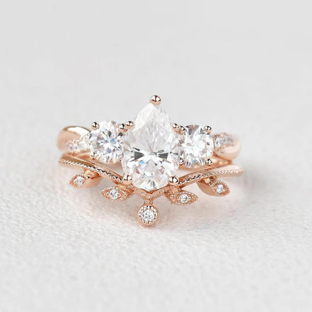 Three Stone Pear Cut Moissanite Bridal Ring Set