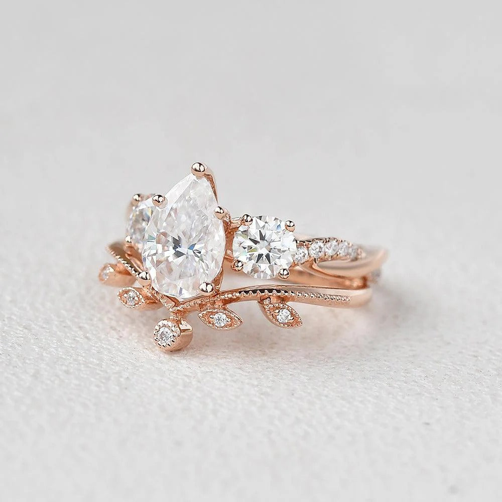 Three Stone Pear Cut Moissanite Bridal Ring Set
