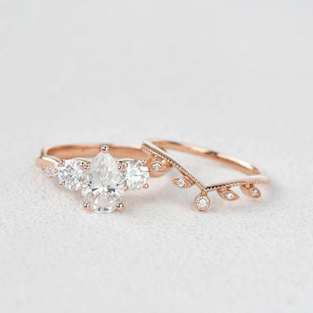 Three Stone Pear Cut Moissanite Bridal Ring Set