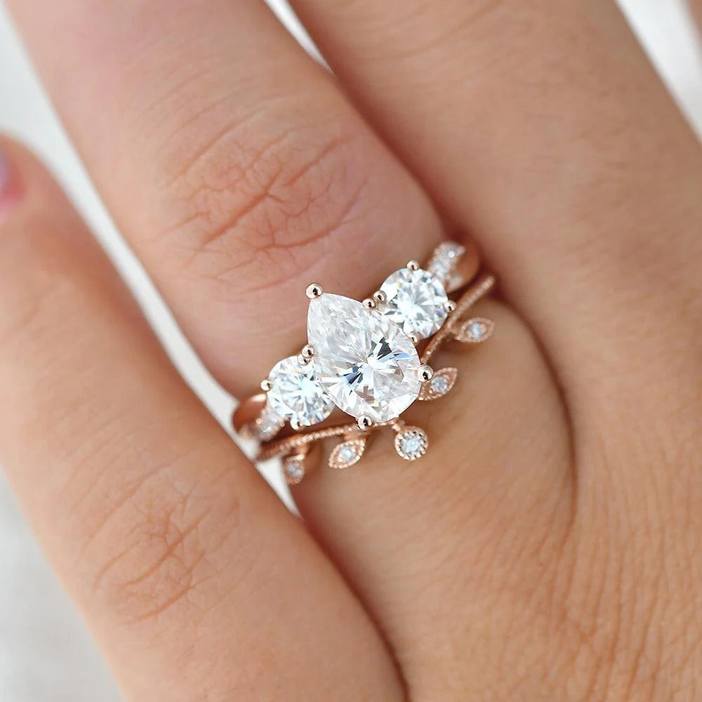 Three Stone Pear Cut Moissanite Bridal Ring Set