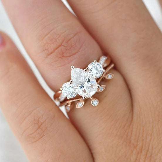 Three Stone Pear Cut Moissanite Bridal Ring Set