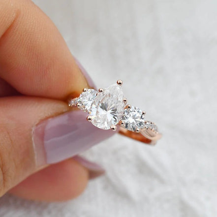 Three Stone Pear Cut Moissanite Bridal Ring Set