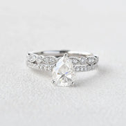 Pave Set Pear Cut Moissanite Colorless Bridal Ring Set
